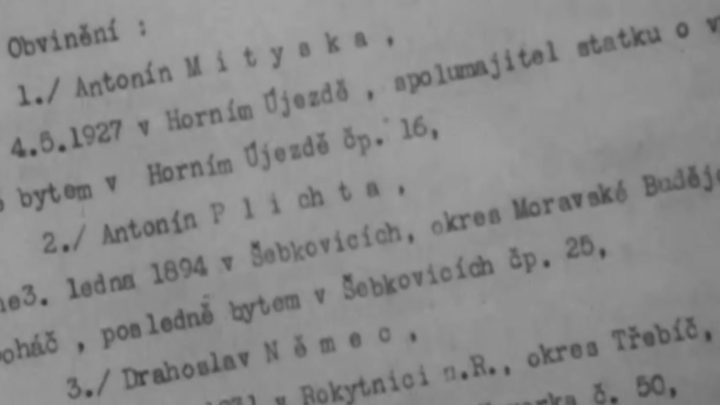A typed Czech charge sheet headed Obvineni, the accusation, numbering Antonin Mityska, Antonin Plichta and Drahoslav Nemec with their birth dates and home villages
