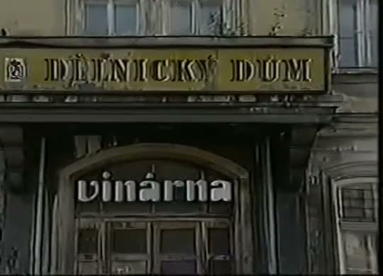 The facade of a town building in Jihlava, the words Delnicky dum, the Workers' House, in gold letters on a long sign above the arched doorway, and a painted wine bar sign under it