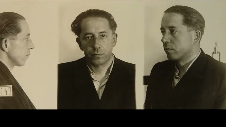 A police mugshot sheet, the same man photographed in profile, full face and half profile, a board numbered 143 pinned to his jacket in the profile view