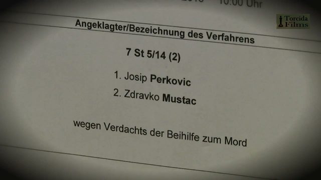 A printed court list photographed at an angle, headed defendant and description of proceedings, case number 7 St 5/14 with 1. Josip Perkovic and 2. Zdravko Mustac listed beneath it and the line on suspicion of aiding a murder