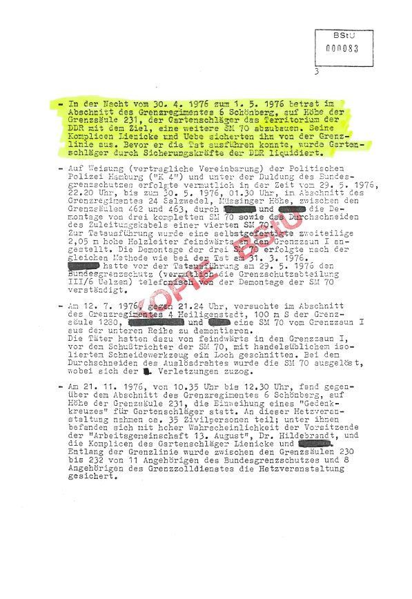 A typed page stamped BStU 000083 and KOPIE, some names blacked out; its first paragraph, on the night of 30 April 1976, is highlighted