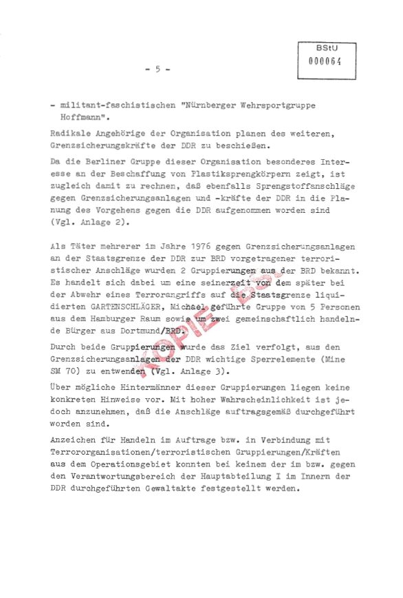 A typed page numbered 5 of a Stasi analysis, with an archive stamp and a red copy stamp across the text
