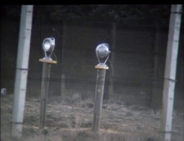 Two round lamps on short wooden posts behind the border fence, heath in front of them