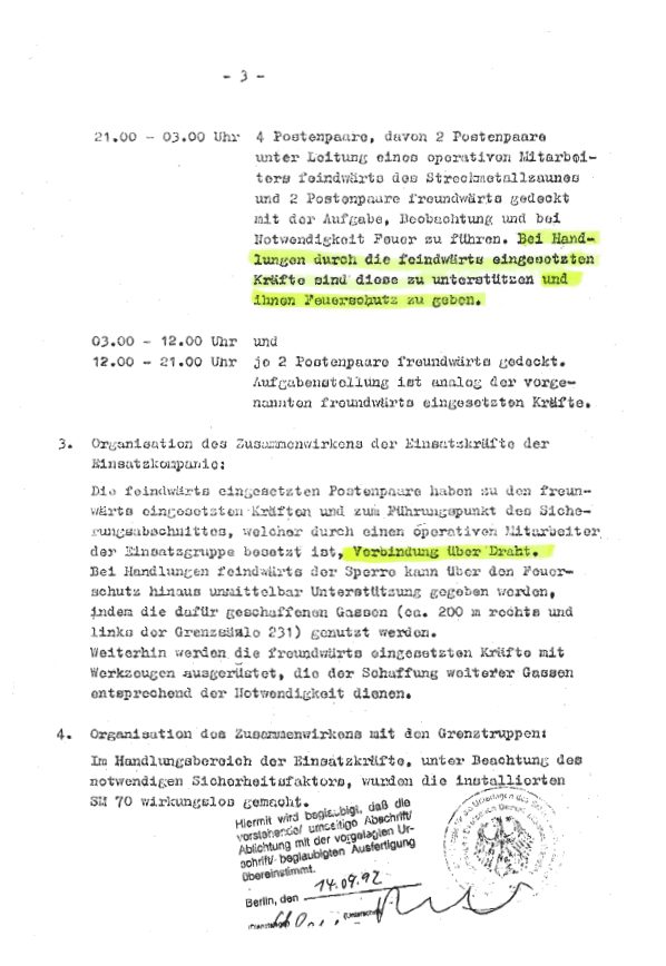 A typed page of the plan: four pairs of sentries from 21.00 to 03.00, two of them on the enemy side of the fence, and at the foot of the page the sentence that the installed SM 70s were made harmless