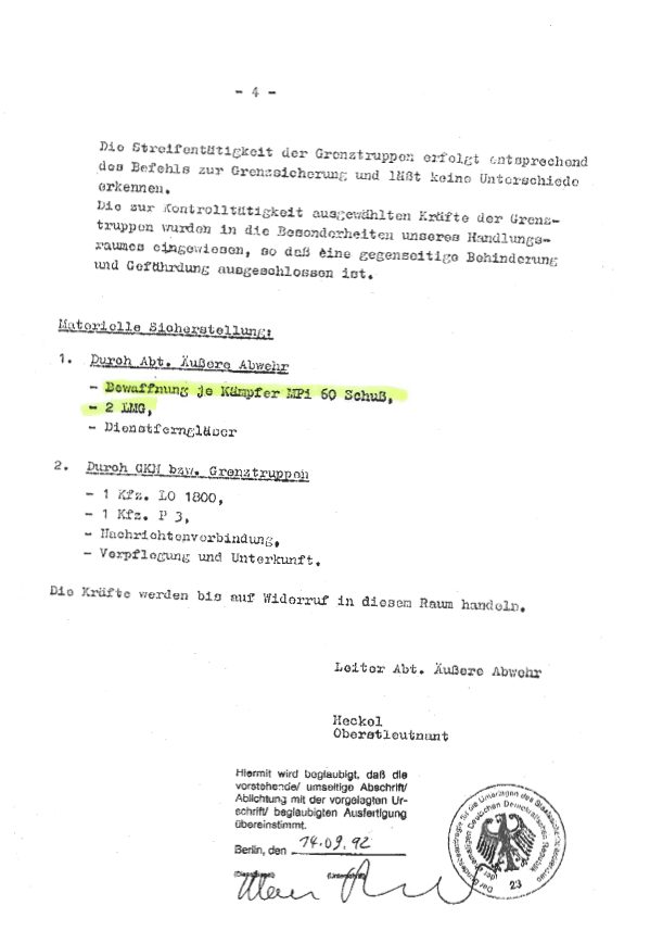 A typed page of the plan listing the weapons, sixty rounds for each fighter's submachine gun and two light machine guns, above the signature block Heckel, Oberstleutnant