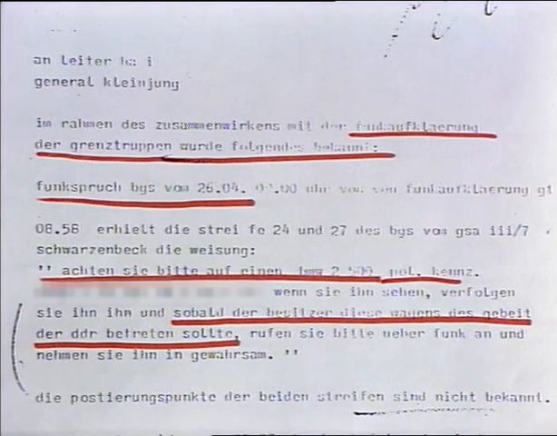 A lowercase teletype page addressed to General Kleinjung, red lines drawn under the West German border police's radio message, a number plate blurred