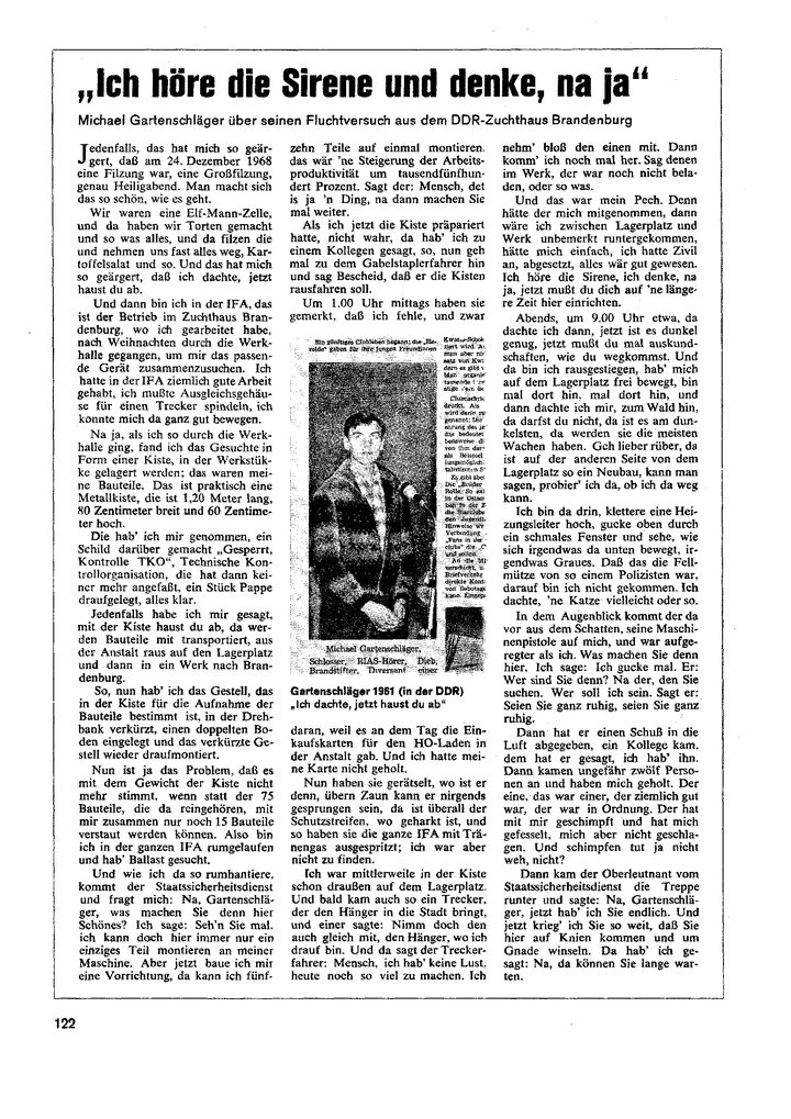 A magazine page in three columns headed Ich höre die Sirene und denke, na ja, with a small photograph of a young man