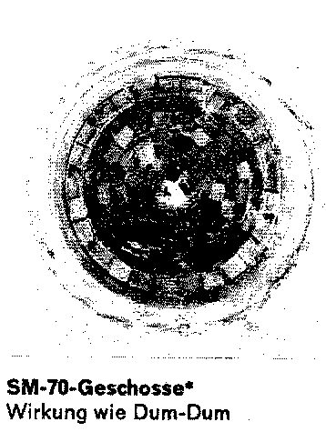 A round black and white photograph looking into the opened funnel, packed with small steel cubes; captioned SM-70-Geschosse, Wirkung wie Dum-Dum