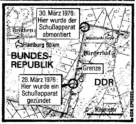 A sketch map with Bröthen, the Bundesrepublik, the DDR and the border, two circles marked 30. März 1976: Hier wurde der Schußapparat abmontiert and 28. März 1976: Hier wurde ein Schußapparat gezündet