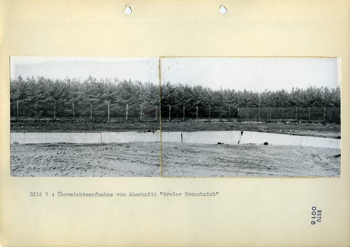 A typed page with two mounted photographs joined into a panorama of the fence line before a pine wood, a red arrow at one post, captioned Bild 1: Übersichtsaufnahme vom Abschnitt Großer Grenzknick