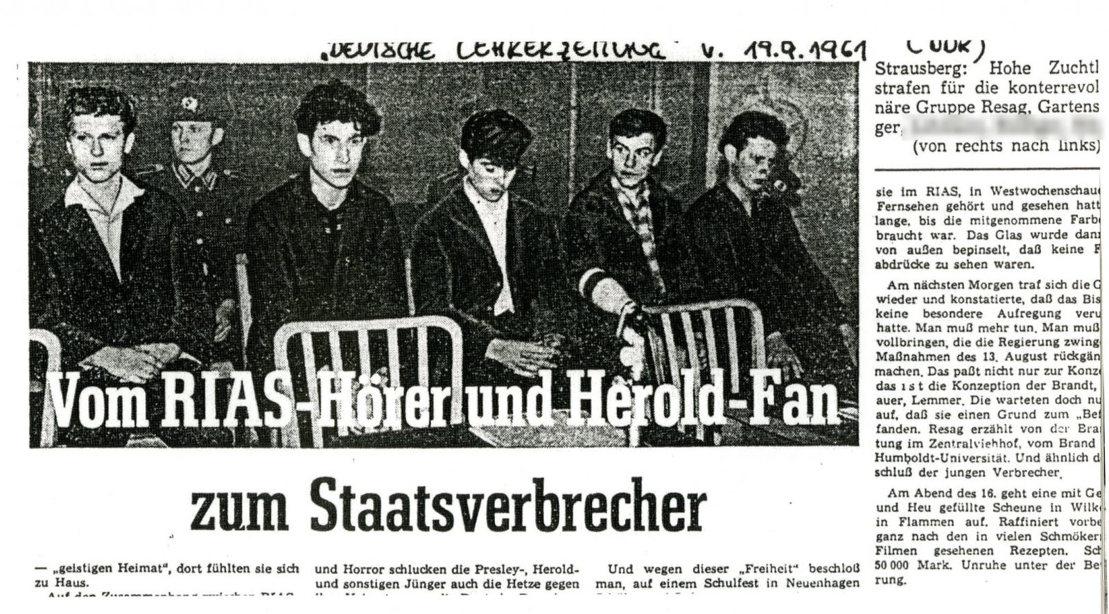A newspaper clipping with a photograph of five young men seated in a dock above the headline Vom RIAS-Hörer und Herold-Fan zum Staatsverbrecher; one name in the side column is blurred