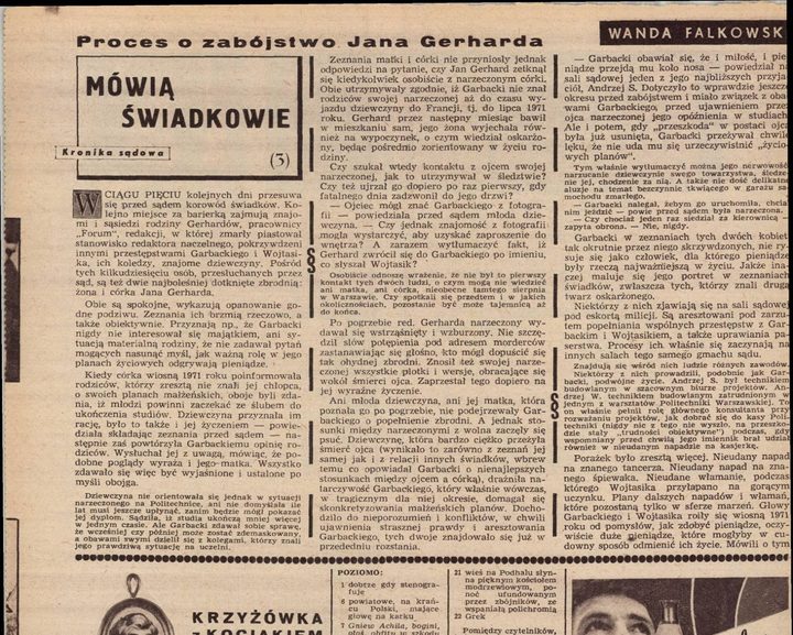 A magazine page headed Proces o zabójstwo Jana Gerharda, with the boxed title Mówią świadkowie and the byline Wanda Falkowska above columns of text; a crossword and an advertisement fill the lower half