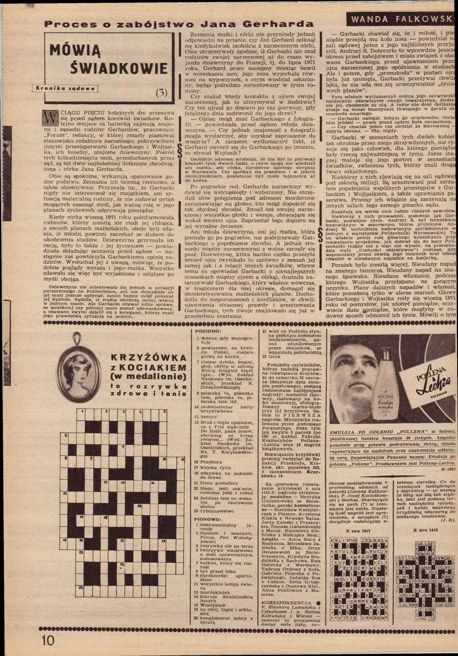 A magazine page headed Proces o zabójstwo Jana Gerharda, with the boxed title Mówią świadkowie and the byline Wanda Falkowska above columns of text; a crossword and an advertisement fill the lower half