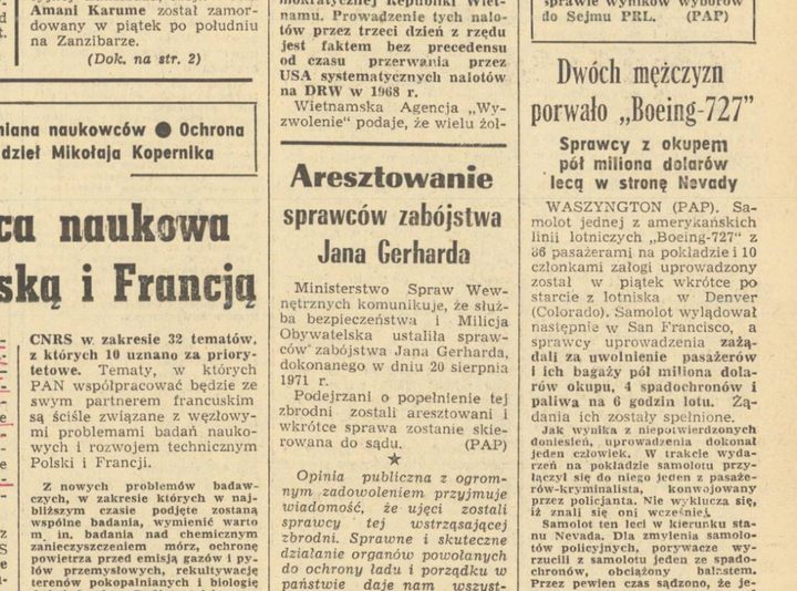 The front page of Trybuna Ludu under its masthead, with a photograph of a jet aircraft at the top right and, low in the right-hand columns, a short report headed Aresztowanie sprawców zabójstwa Jana Gerharda