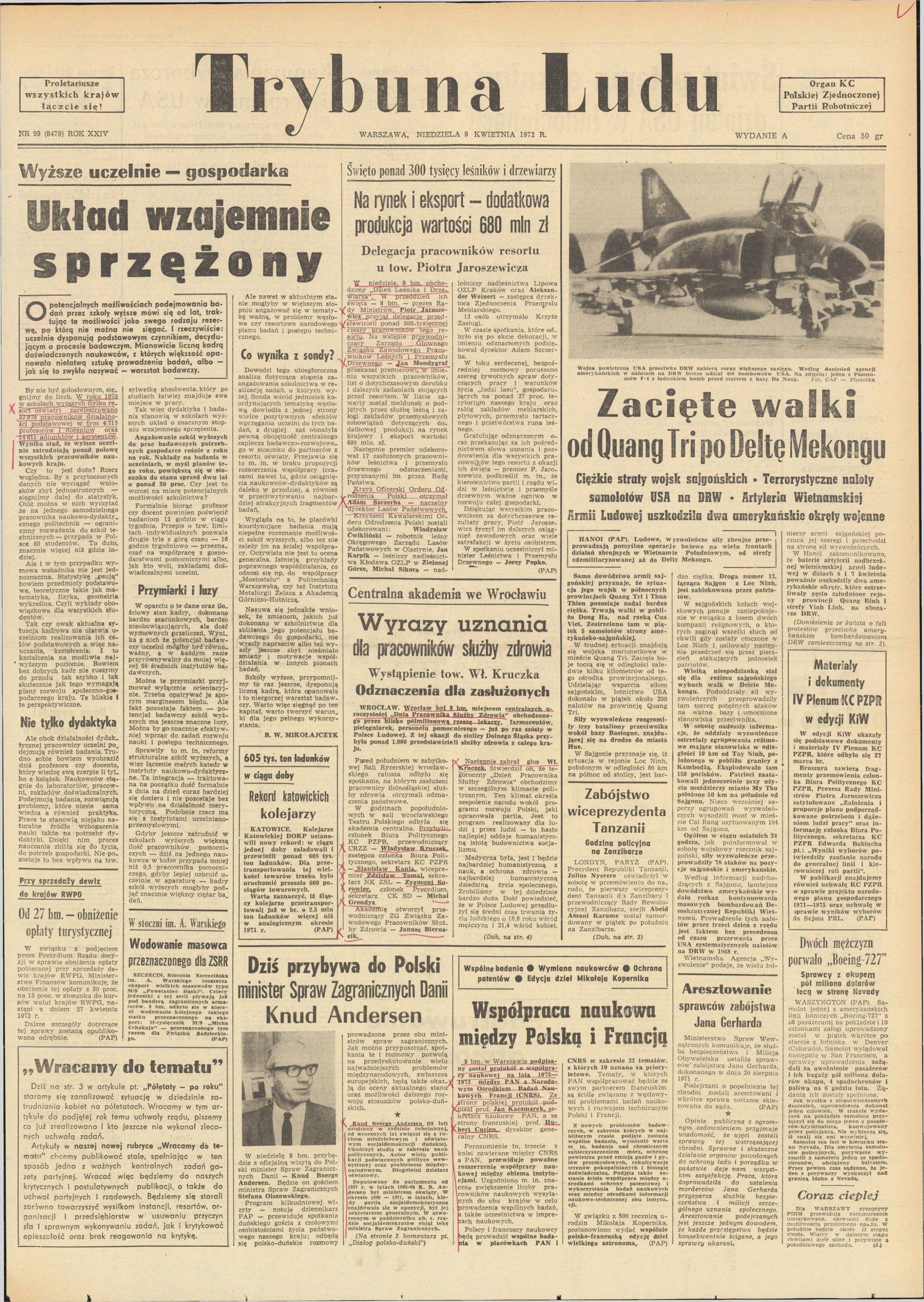 The front page of Trybuna Ludu under its masthead, with a photograph of a jet aircraft at the top right and, low in the right-hand columns, a short report headed Aresztowanie sprawców zabójstwa Jana Gerharda