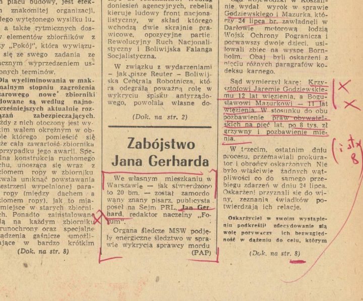 The Saturday front page of Trybuna Ludu, with photographs of harvest work and a cathedral; a short item headed Zabójstwo Jana Gerharda sits at the bottom right