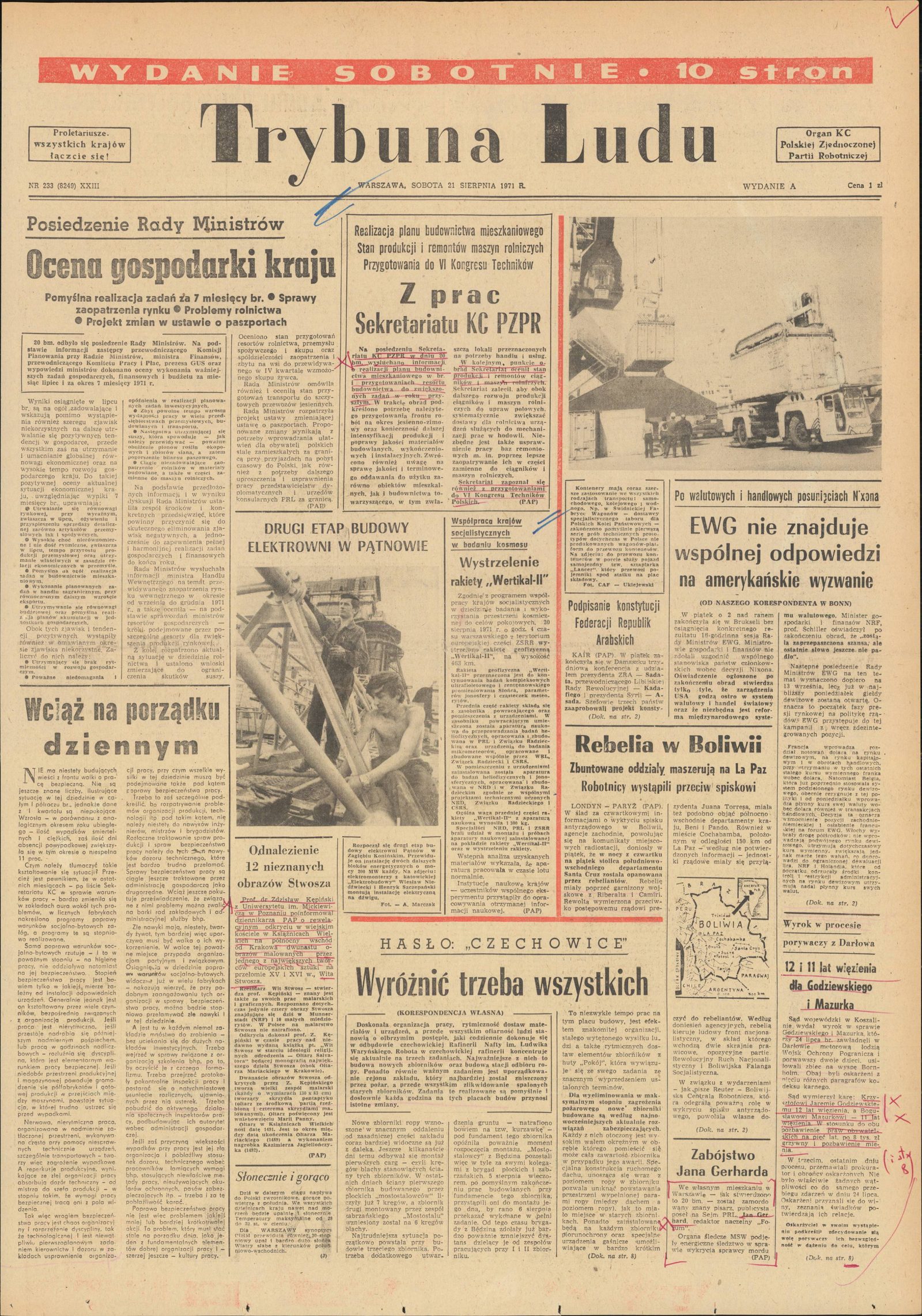 The Saturday front page of Trybuna Ludu, with photographs of harvest work and a cathedral; a short item headed Zabójstwo Jana Gerharda sits at the bottom right