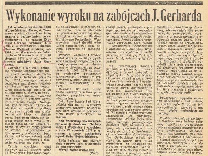 A page of Trybuna Ludu headed Wiadomości krajowe and W stolicy, with photographs of new buildings; at the lower right a short item headed Wykonanie wyroku na zabójcach J. Gerharda