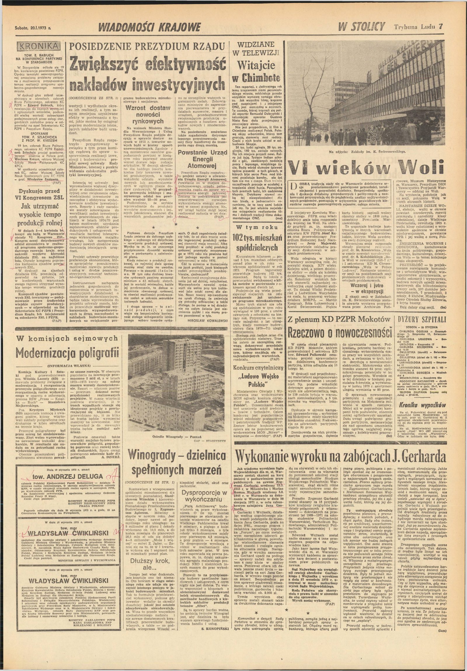 A page of Trybuna Ludu headed Wiadomości krajowe and W stolicy, with photographs of new buildings; at the lower right a short item headed Wykonanie wyroku na zabójcach J. Gerharda