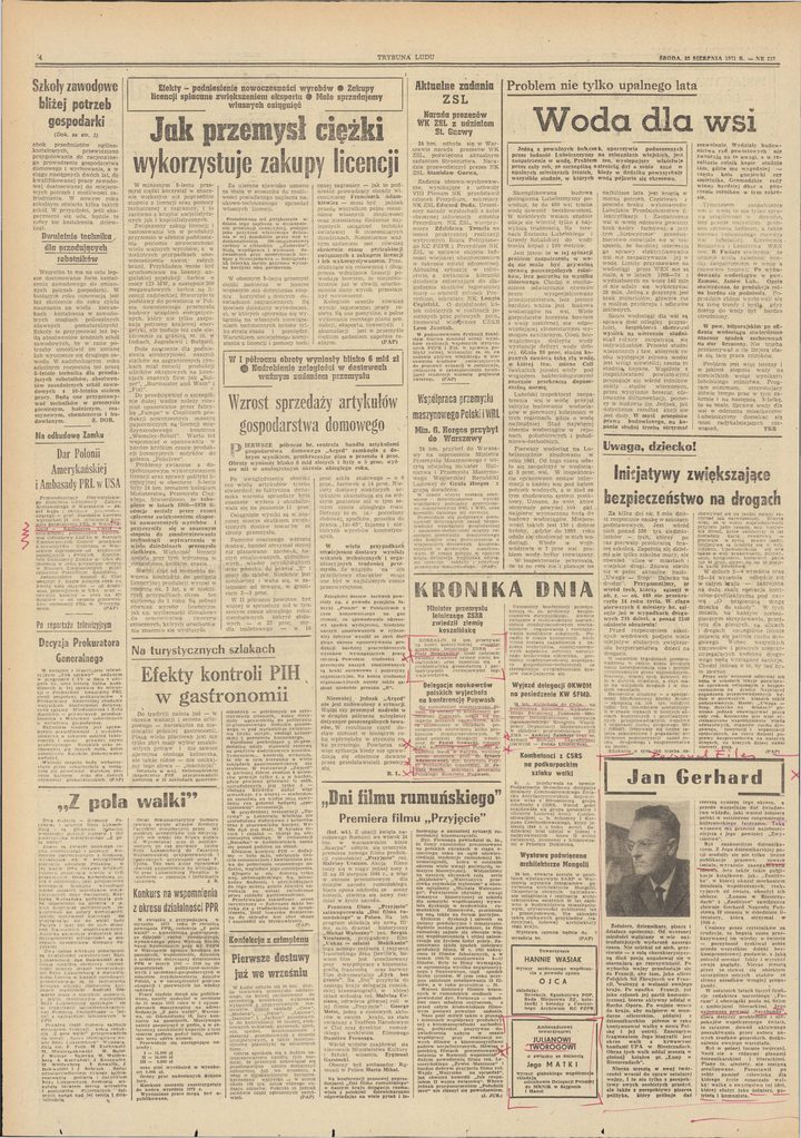 A newspaper page with the column Kronika dnia and, at the right, a photograph of a man captioned Jan Gerhard above a tribute