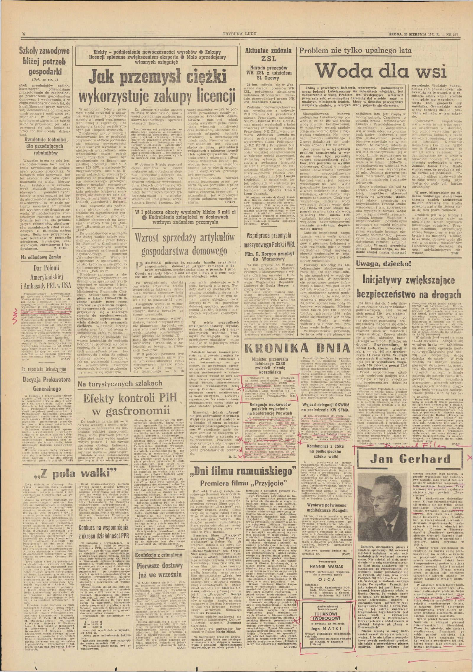 A newspaper page with the column Kronika dnia and, at the right, a photograph of a man captioned Jan Gerhard above a tribute