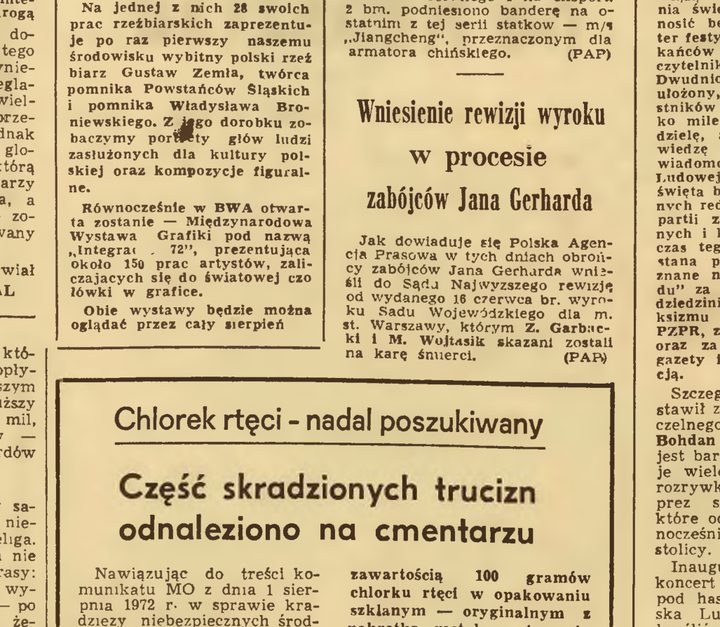 A newspaper page of short news items in many columns, with a photograph of farm machinery at the right; a short item in the middle right column reports on the appeal in the trial of the killers of Jan Gerhard