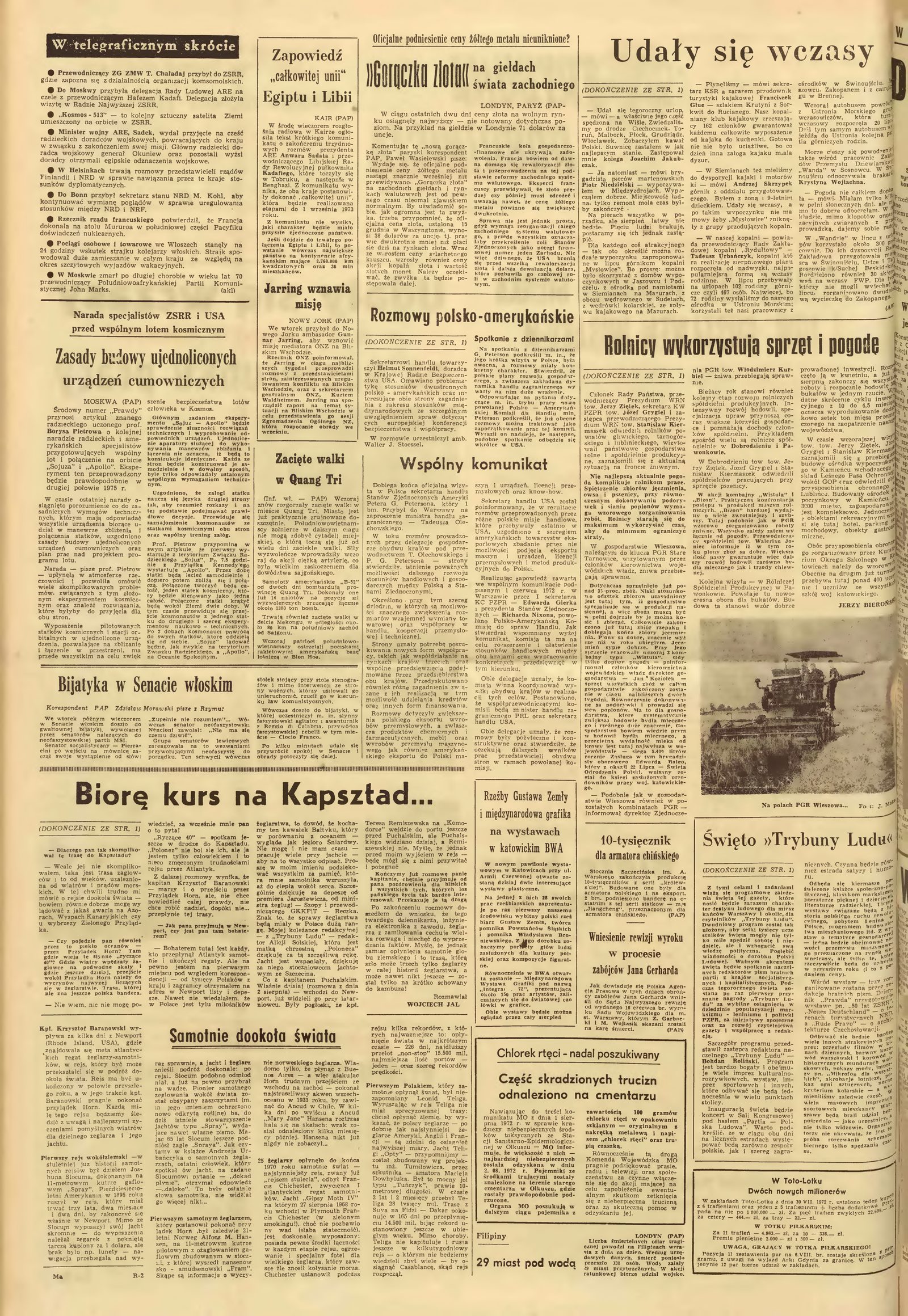 A newspaper page of short news items in many columns, with a photograph of farm machinery at the right; a short item in the middle right column reports on the appeal in the trial of the killers of Jan Gerhard