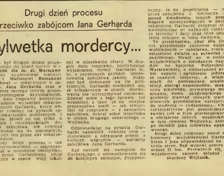 A newspaper report headed Drugi dzień procesu przeciwko zabójcom Jana Gerharda over the large title Sylwetka mordercy, in narrow columns