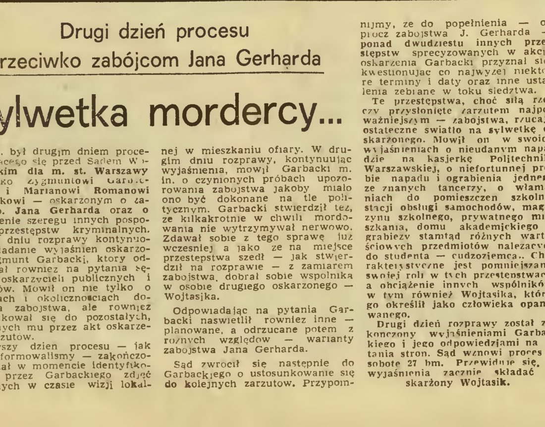 A newspaper report headed Drugi dzień procesu przeciwko zabójcom Jana Gerharda over the large title Sylwetka mordercy, in narrow columns