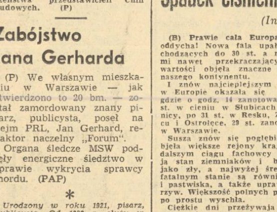 A narrow newspaper column headed Zabójstwo Jana Gerharda, a short agency report followed by a biographical paragraph