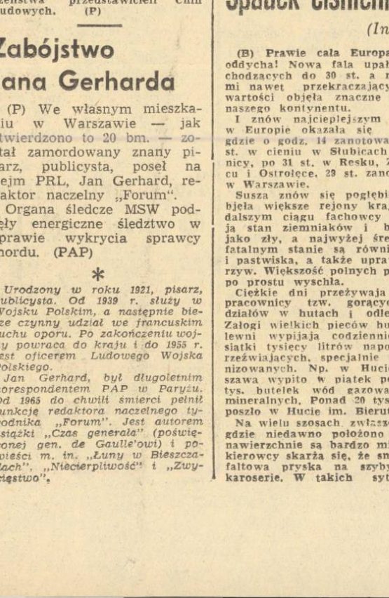 A narrow newspaper column headed Zabójstwo Jana Gerharda, a short agency report followed by a biographical paragraph