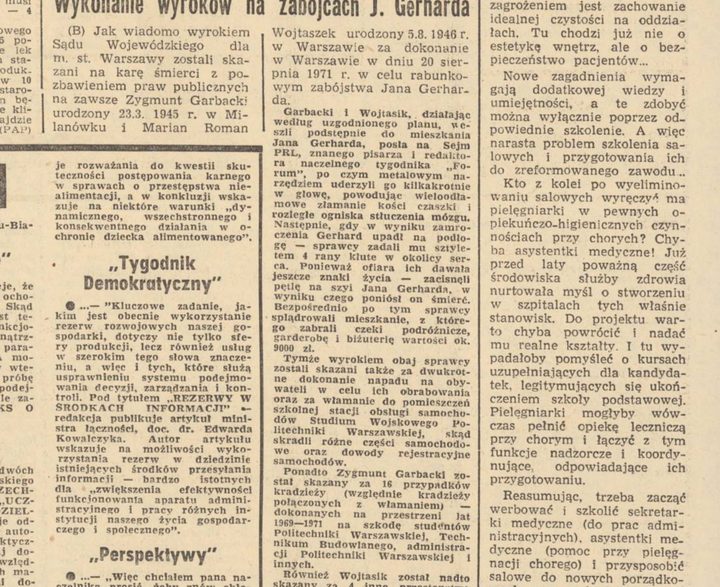 A page of Życie Warszawy home news in narrow columns, among them, at the right, the short item headed Wykonanie wyroków na zabójcach J. Gerharda