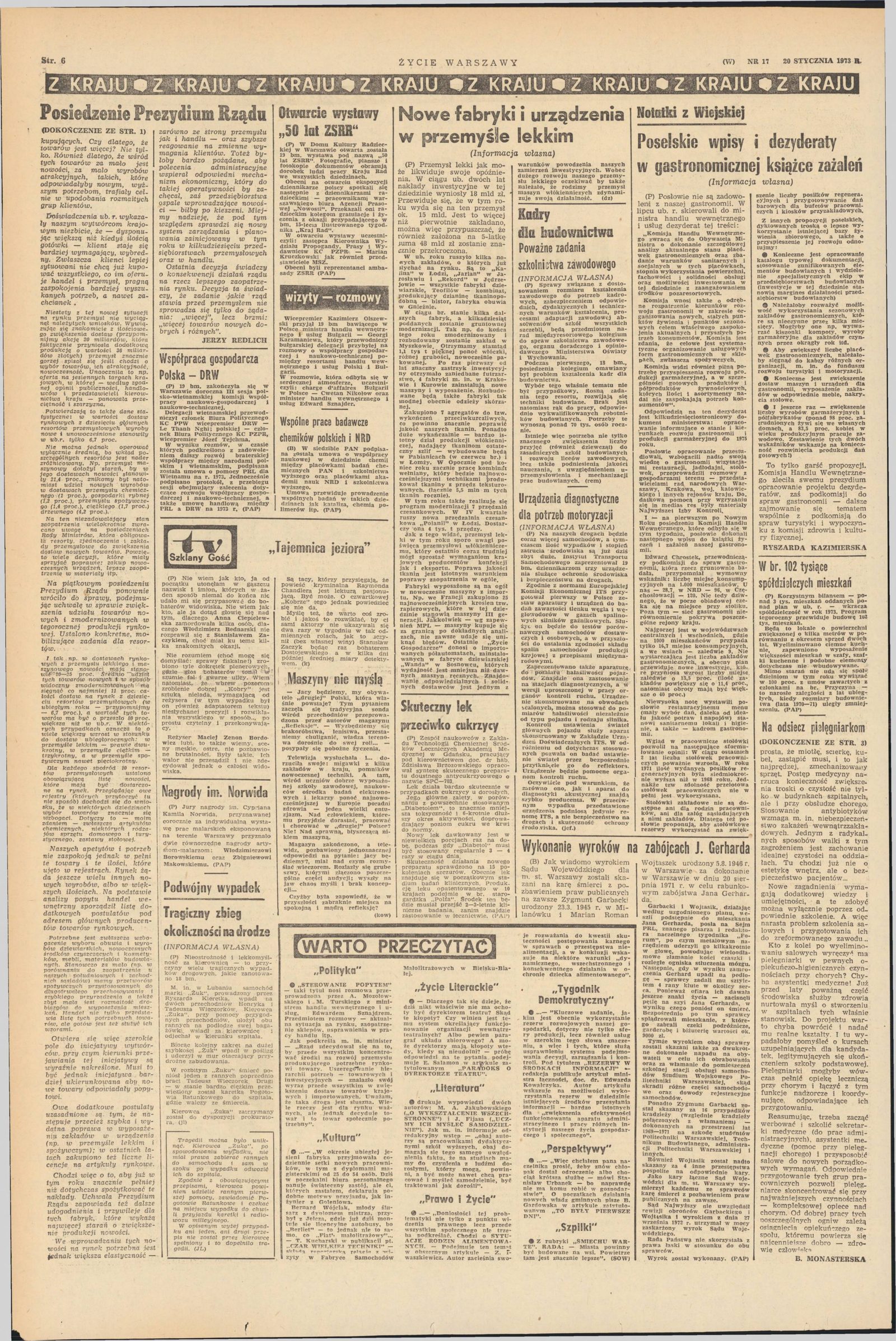 A page of Życie Warszawy home news in narrow columns, among them, at the right, the short item headed Wykonanie wyroków na zabójcach J. Gerharda