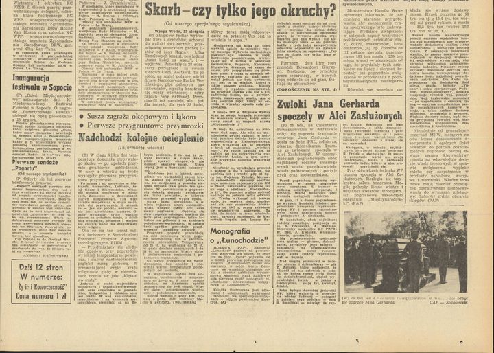 The front page of Życie Warszawy; at the lower right a photograph of a funeral procession under the headline Zwłoki Jana Gerharda spoczęły w Alei Zasłużonych