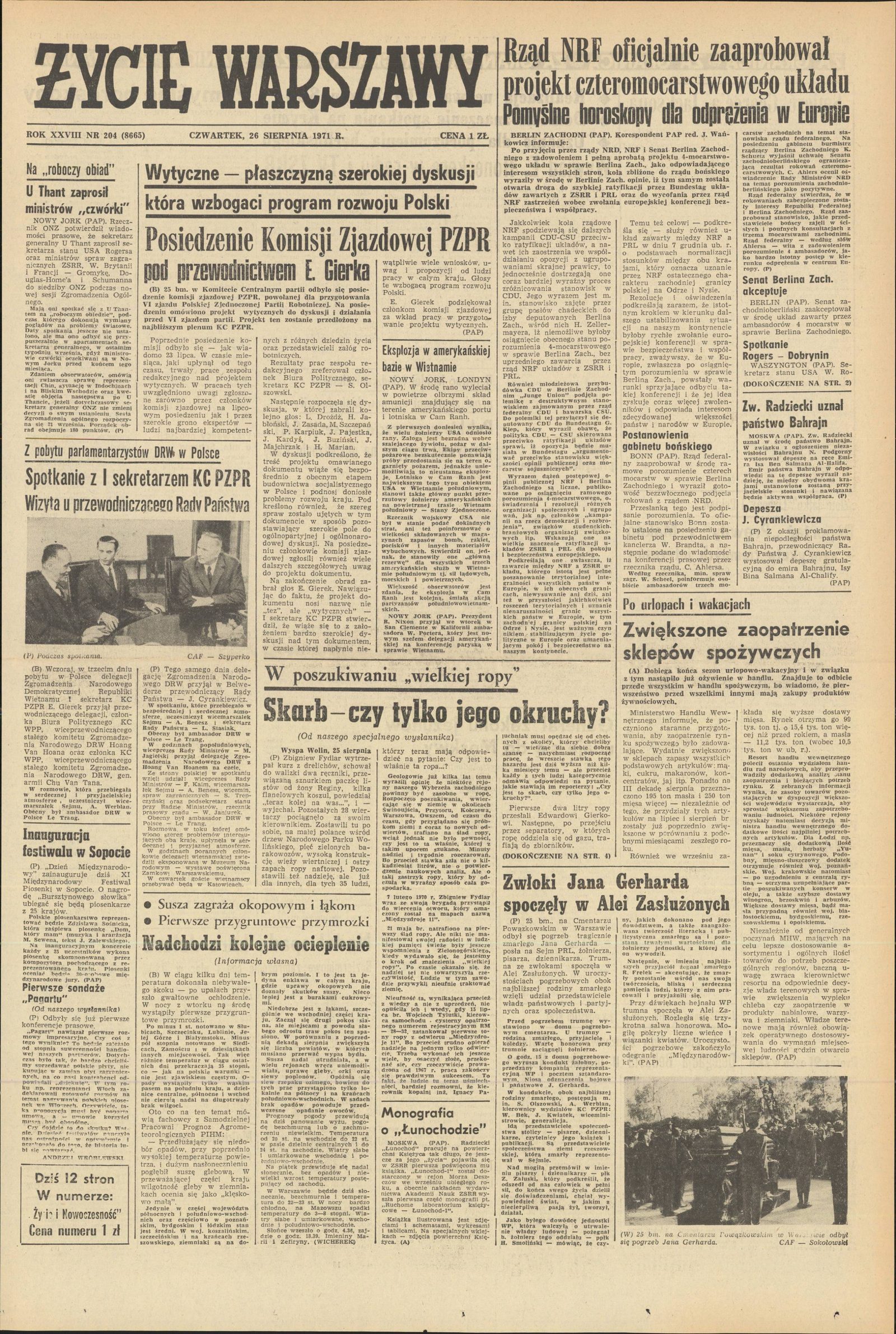 The front page of Życie Warszawy; at the lower right a photograph of a funeral procession under the headline Zwłoki Jana Gerharda spoczęły w Alei Zasłużonych