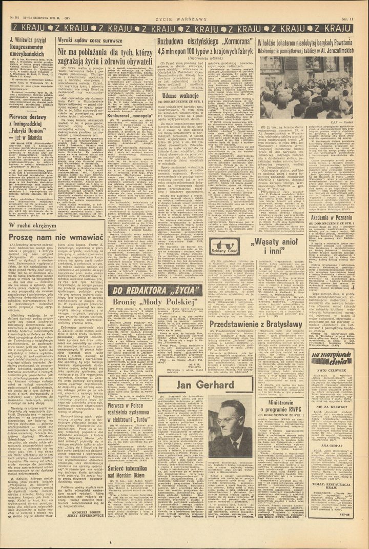 A newspaper page of home news with a framed photograph captioned Jan Gerhard in the lower middle