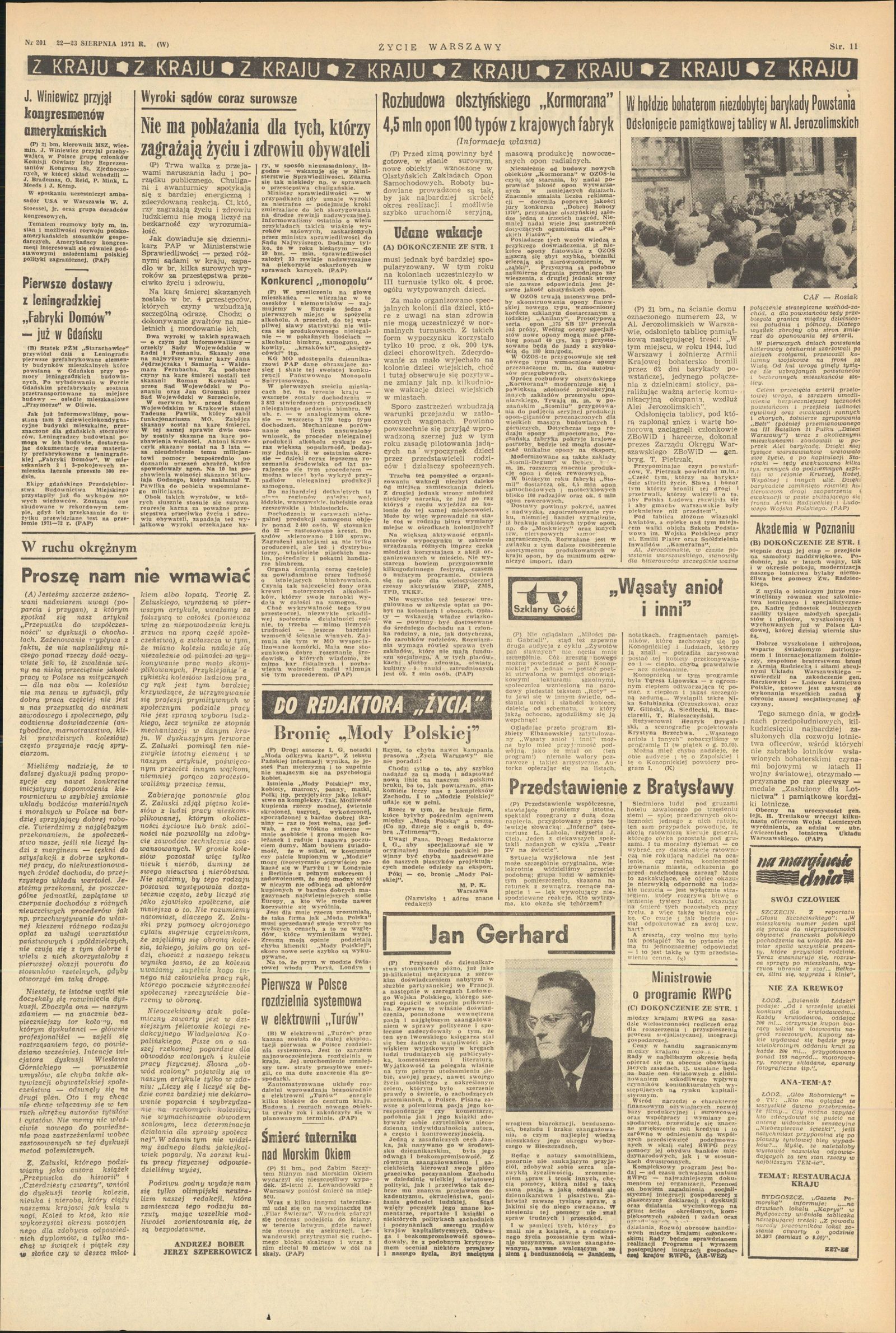 A newspaper page of home news with a framed photograph captioned Jan Gerhard in the lower middle