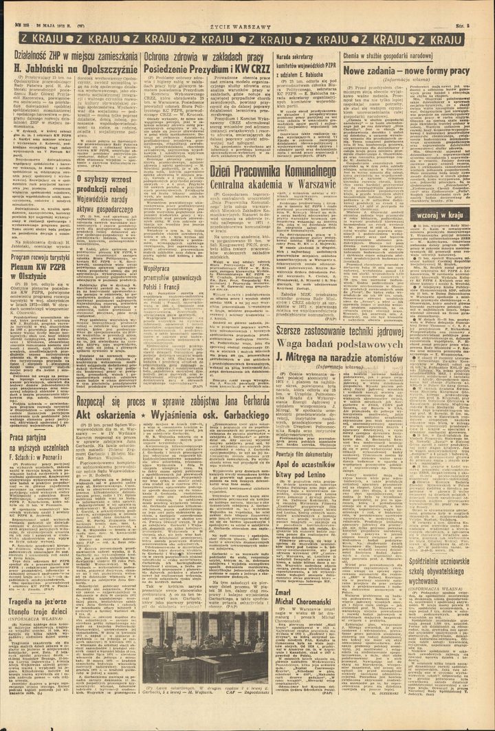 A newspaper page of home news; in the middle, a report headed Rozpoczął się proces o zabójstwo Jana Gerharda, with the subheadings Akt oskarżenia and Wyjaśnienia osk. Garbackiego