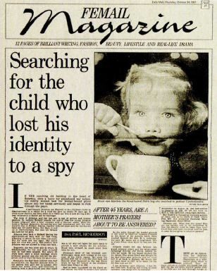 A newspaper magazine page headed Femail Magazine, dated Thursday, October 24, 1991, with the headline Searching for the child who lost his identity to a spy and a photograph of a fair haired toddler holding a large cup