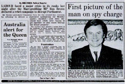 A newspaper page of 1988 with the headline First picture of the man on spy charge beside a photograph of a man in a suit, and a second story headed Australia alert for the Queen