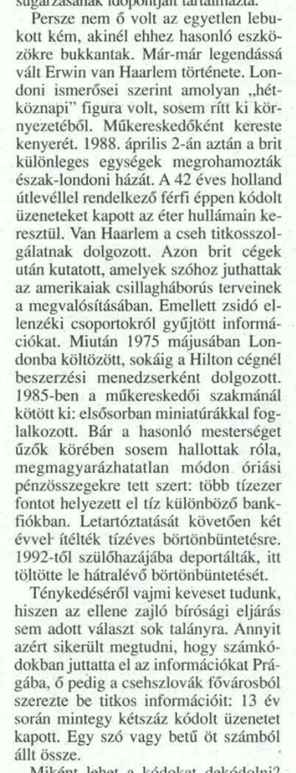 A newspaper column in Hungarian from a feature about numbers stations, the passage that tells the arrest of an art dealer in north London in April 1988