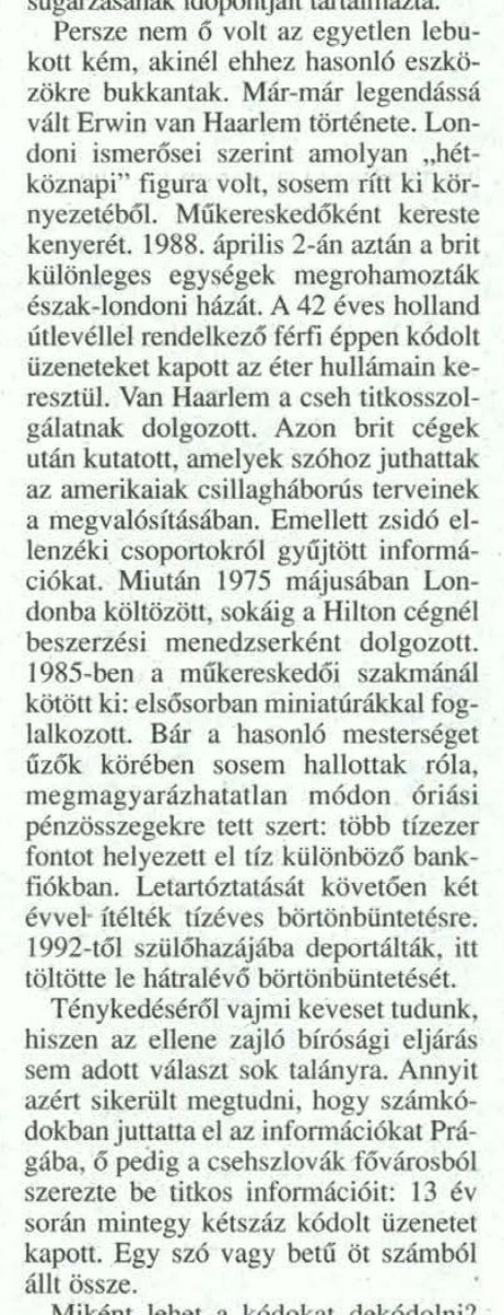 A newspaper column in Hungarian from a feature about numbers stations, the passage that tells the arrest of an art dealer in north London in April 1988