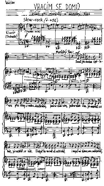 A sheet of hand ruled manuscript music headed Vracim se domu, meaning I am coming home, with a piano part, a vocal line and Czech words written under the notes