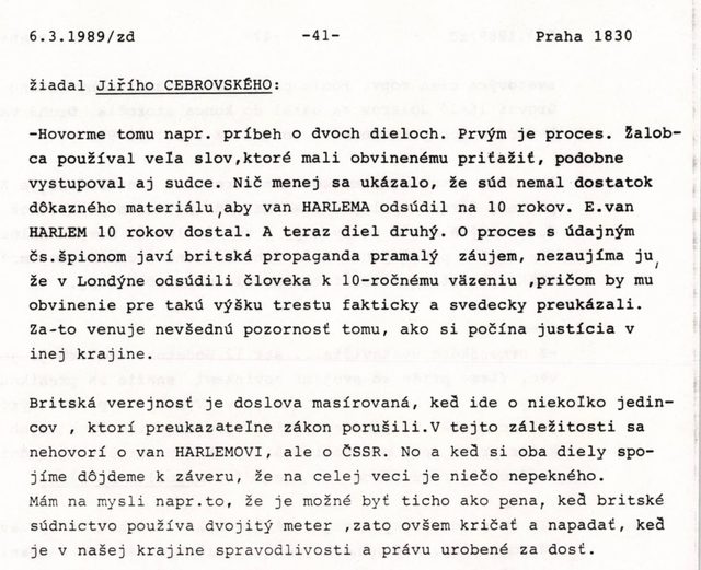 A typed monitoring transcript page headed 6.3.1989, minus 41, Praha 1830, with a Slovak passage naming the London correspondent and the name van HARLEM in capitals