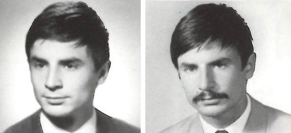 Two black and white studio portraits of the same man side by side, clean shaven and younger on the left, with a moustache and longer hair on the right