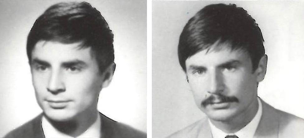 Two black and white studio portraits of the same man side by side, clean shaven and younger on the left, with a moustache and longer hair on the right