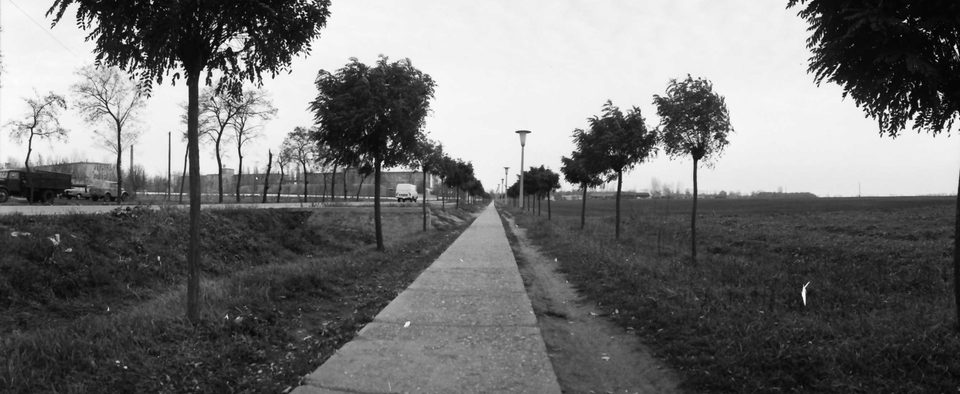The Szolnoki road at Martfu looking towards the Foldvari road, the shoe factory in the background, 1977