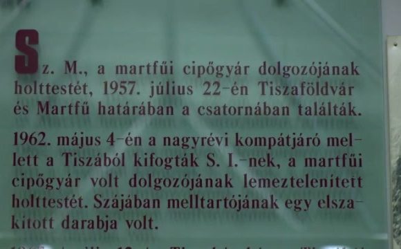 A museum exhibit panel in Hungarian summarising the 1957 and 1962 deaths, the victims given by their initials