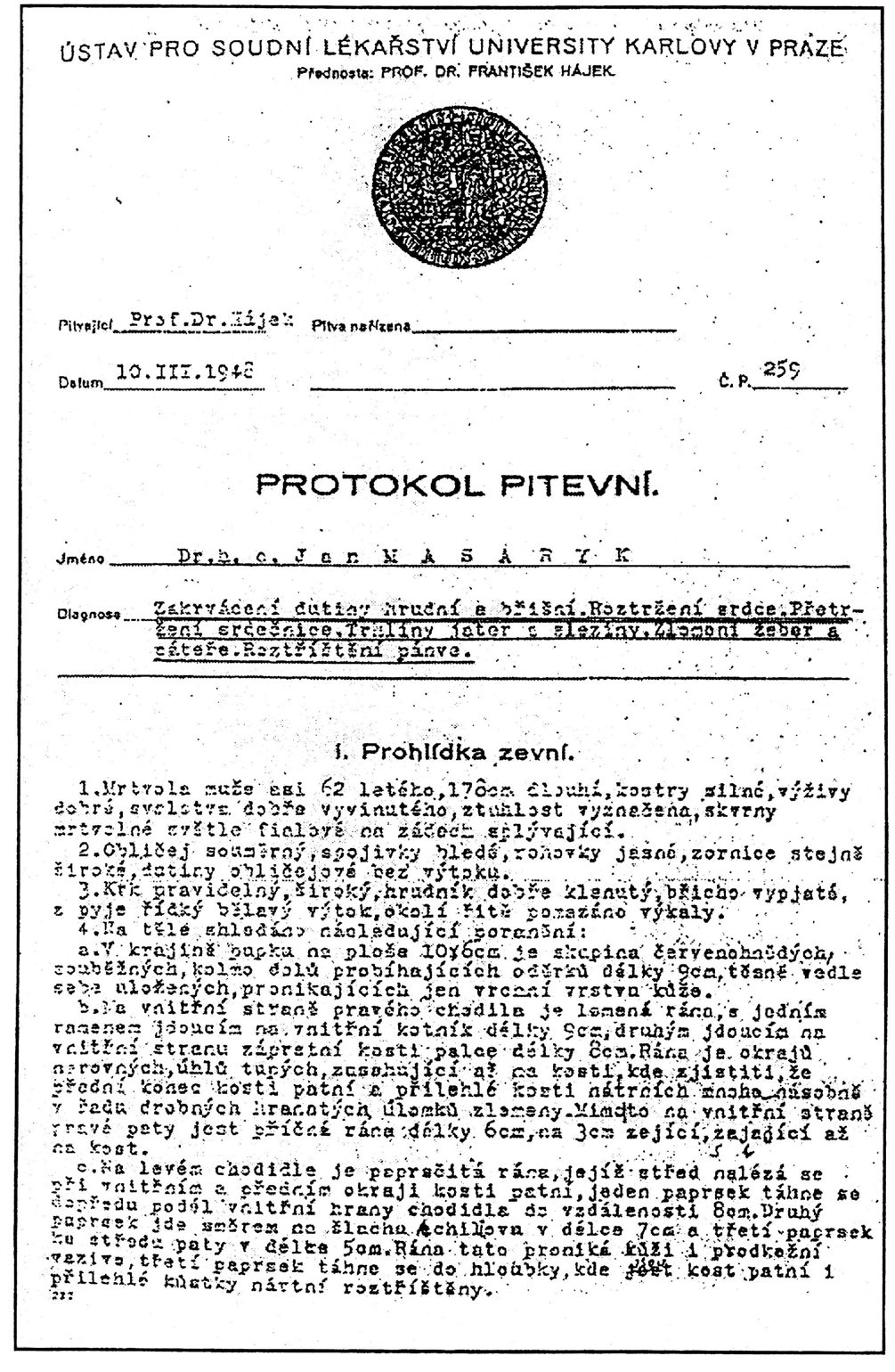 The first page of the typed autopsy protocol, headed Protokol pitevni, numbered 259/1948 and dated 10 March 1948