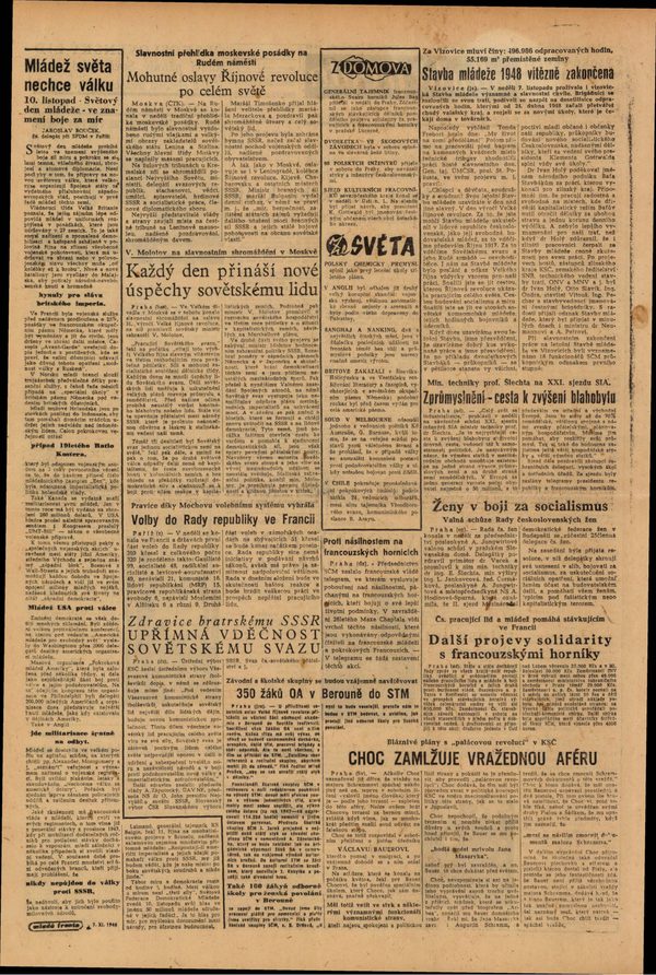 A page of Mladá fronta of November 1948 carrying at its foot the report headed Choc zamlžuje vražednou aféru, Choc obscures the murder affair, on the trial for the killing of Augustin Schramm